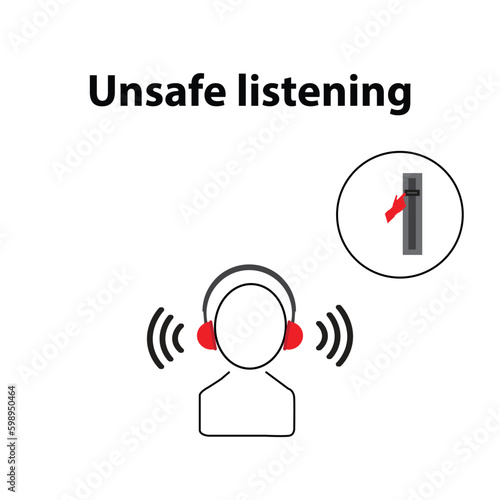 Symbol of a person with headphones with the text unsafe listening
