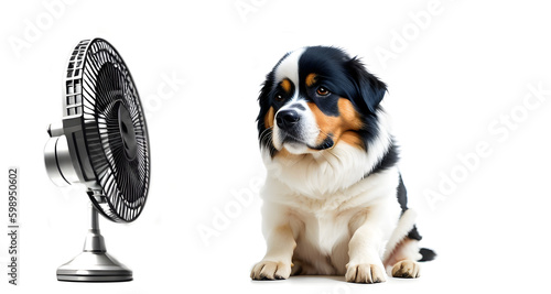 Chien se rafraîchissant à côté d'un ventilateur en été,IA générative. photo