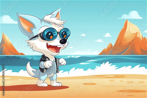 Happy summer vacation. Cute cartoon wolf on beach. Illustration. Post processed AI generated image. © bit24