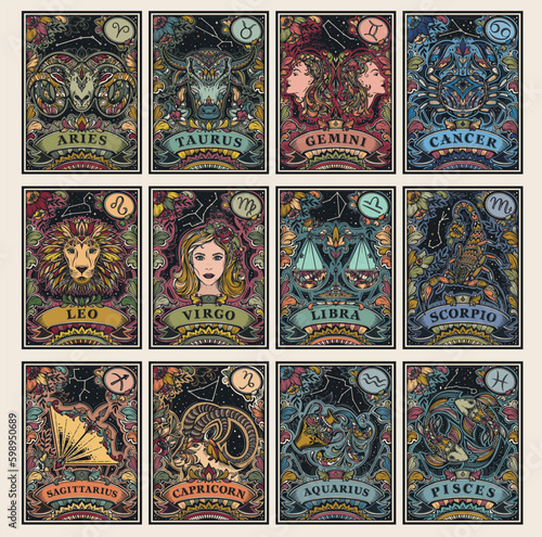 Beautiful colorful pre-made cards with zodiac signs illustrations and flowers