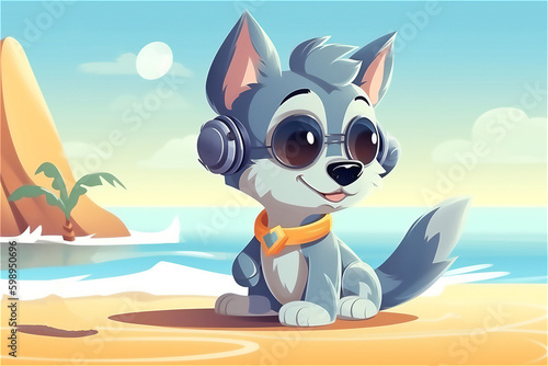 Happy summer vacation. Cute cartoon wolf on beach. Illustration. Post processed AI generated image.
