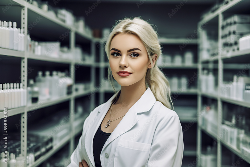 Woman Pharmacist / Lab Technician. Generative AI.
A fictional person created with generative AI.  A woman pharmacist or a lab technician in a working environment.