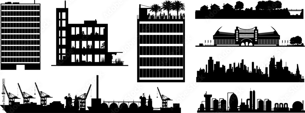 Silhouetten Set: Elemente für Stadt, Roof Top Bar, Vorort, Gebäude, Hafen und Industrieanlagen