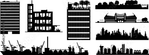 Silhouetten Set: Elemente für Stadt, Roof Top Bar, Vorort, Gebäude, Hafen und Industrieanlagen