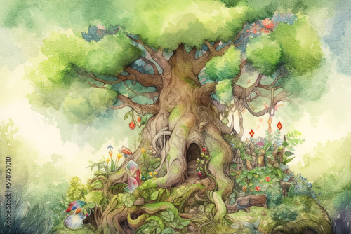 fairy tree in the forest watercolor