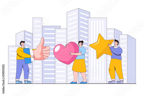 Best performance, highest rating, vote, score five points concept. People leave feedback and comments that successful work. Outline design minimal vector illustration for landing page, web banner