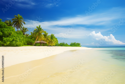 A cartoon beach with a tropical island and palm trees on a blue sky background generative ai