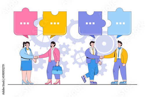 Businessmen and businesswomen discuss social networks, news, social networks, chat, dialogs, puzzle speech bubbles. Outline design style minimal vector illustration for landing page, web banner
