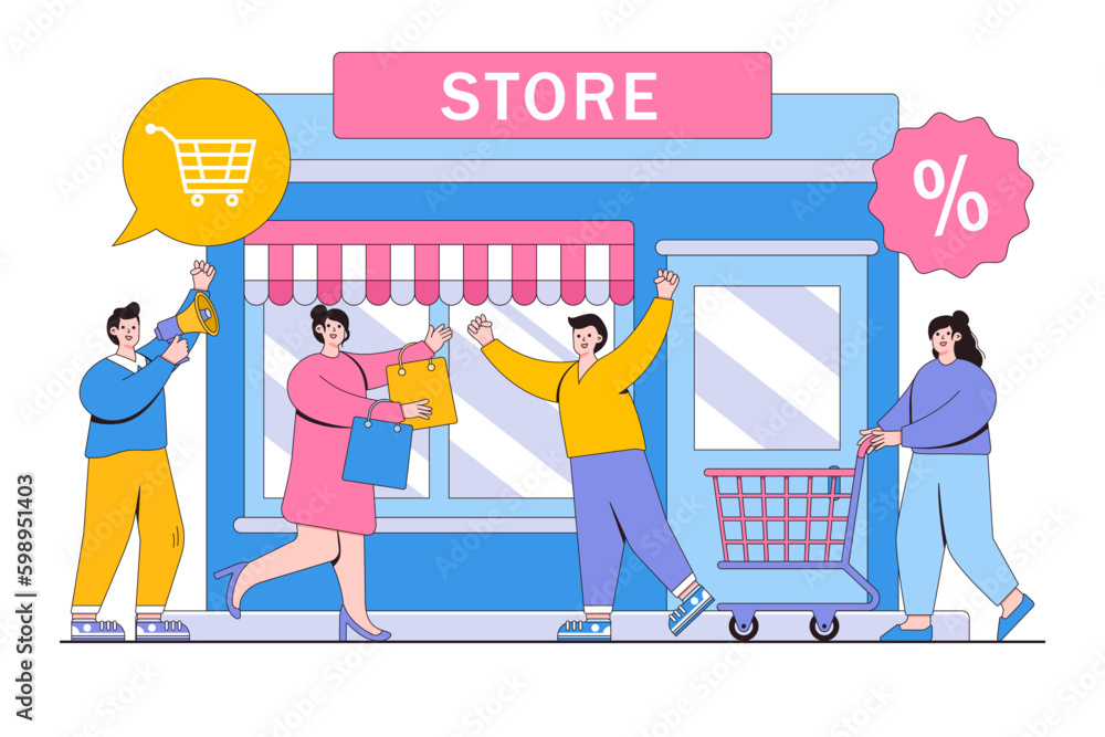Various shops, discounts, investing in real estate, shopping, purchase of goods and gifts concept with people character. Outline design style minimal vector illustration for landing page, web banner