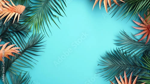 Summer Background with Tropical leaves on a blue background generative ai
