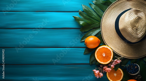 A blue wooden table with Orange and tropical leaves generative AI