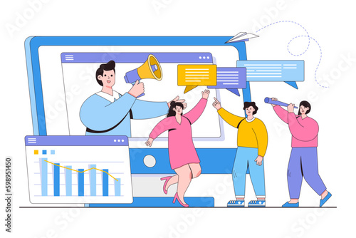 Collective thinking and brainstorming, company information analytics, employee agitation concept. Outline design minimal vector illustration for landing page, web banner, infographics, hero images