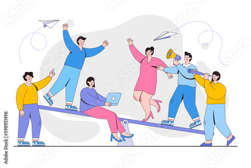 Overweight, cost, power and comparison concept. Groups of people on a swing and outweighs them. Outline design minimal vector illustration for landing page, web banner, infographics, hero images