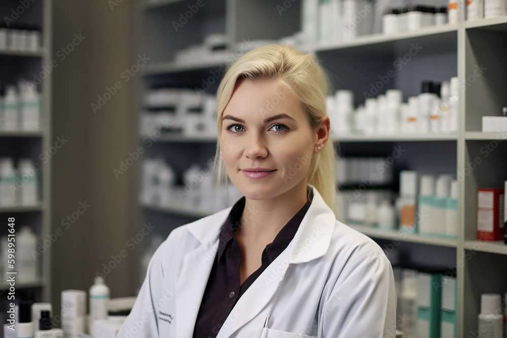 Woman Pharmacist / Lab Technician. Generative AI.
A fictional person created with generative AI.  A woman pharmacist or a lab technician in a working environment.