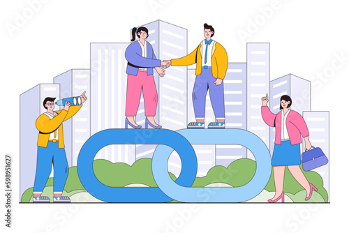 Link as a strong union and cooperation concept. Businesswoman and businessman handshake together. Outline design minimal vector illustration for landing page, web banner, infographics, hero images