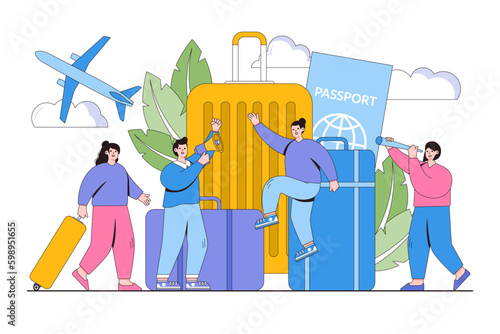 Vacation planning, business trip, hand luggage, travel, tour, suitcase and tourism concept with people character. Outline design minimal vector illustration for landing page, web banner, infographics