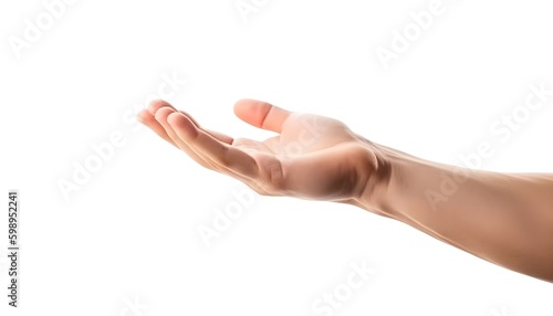 Man open hand palm side up presenting or offering product presentation or concept marketing or design material isolated on white background.