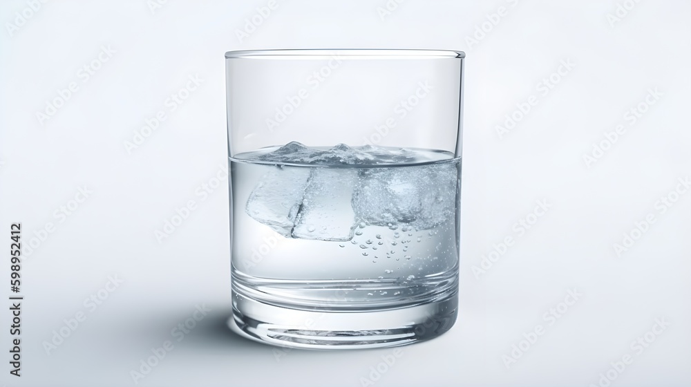 a glass of mineral water with ice cube half full isolated on white background studio shot. a glass of mineral water with ice cube half full isolated on white background studio shot.