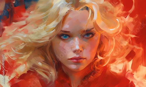 Young Attractive Amazing Woman in Red Face Portrait Digital Colorful Illustration Artwork
