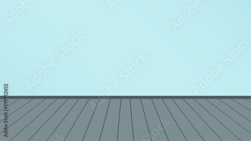 Background BG. Empty Room With Striped Parquet Floor And Blue Wall Wallpaper. Clean Pastel Home House Resident Interior. Textured Vector Cartoon Comic Illustration.