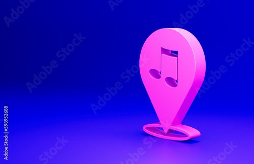 Pink Location musical note icon isolated on blue background. Music and sound concept. Minimalism concept. 3D render illustration