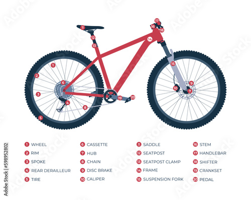Infographic of construction components of a mtb, mountain, cross-country bike. The constituent elements of the structure bicycle with names. Bicycle parts list. Isolated vector flat illustration