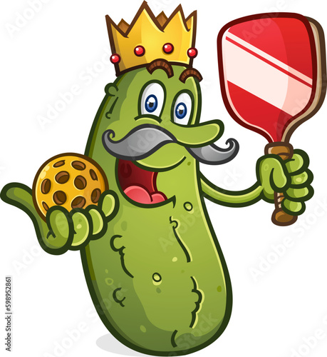Royal pickleball king pickle holding a paddle and yellow ball and ruling the court