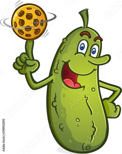 A cheerful pickle cartoon mascot balancing a pickleball on his finger and spinning it like a basketball vector illustration