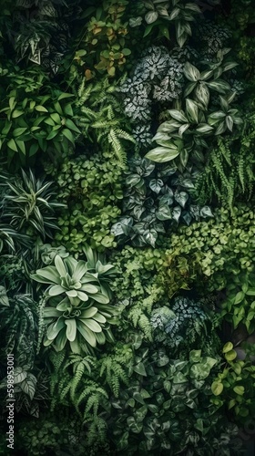 Vertical garden ornamental plant background backdrop portrait. Fern, vine, green leaves, nature wallpaper, decorative wall.