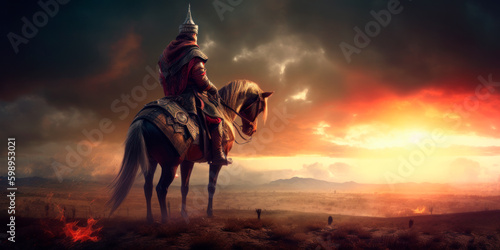 Obraz na plátně Ottoman sultan on horse, looking at the battlefield