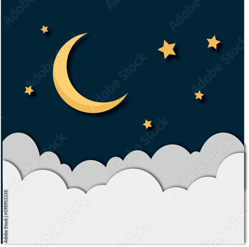 Paper moonstars and clouds. Paper cut of night clouds and crescent moon with stars. Sweet dream concept. Vector stock