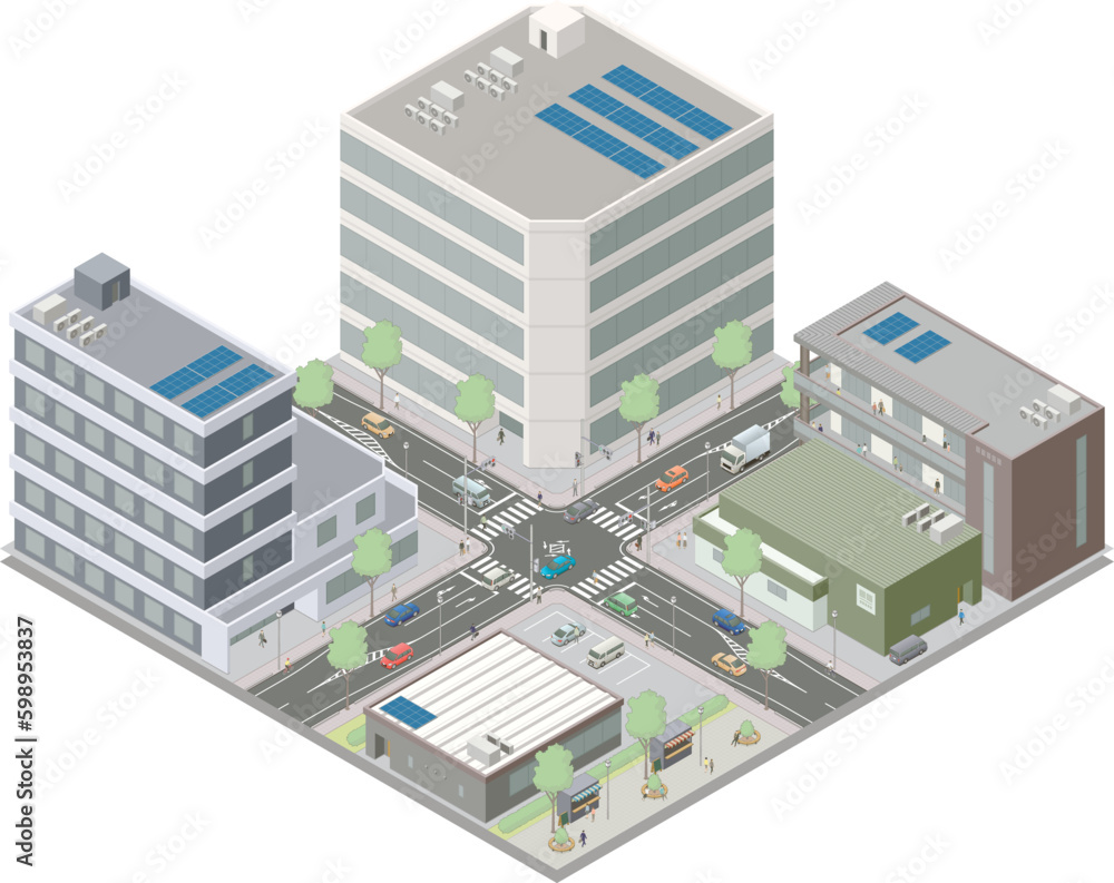 アイソメトリック図法で描いた日本の市街地にある信号交差点イメージC（全体） / Japanese commercial district. Isometric illustration