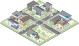 アイソメトリック図法で描いた日本の住宅街にある信号交差点イメージA（全体） / Isometric illustration : Japanese residential area