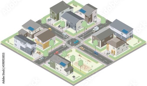 アイソメトリック図法で描いた住宅街にある信号交差点のイメージA（全体） / Japanese residential area. Isometric illustration