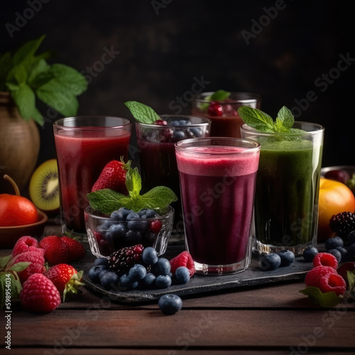 Freshly blended fruit smoothies of various colors and tastes in glass with raspberries, blueberries, strawberries, peach, kiwi and mint, AI Generated