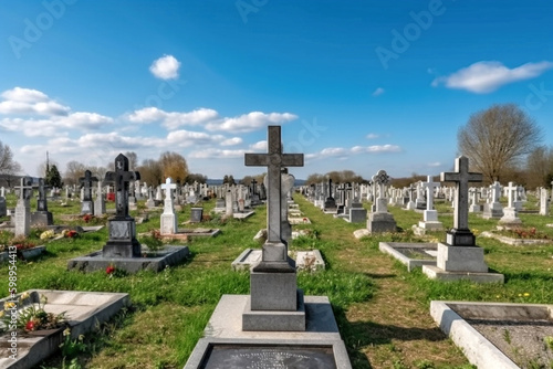 Evenly spaced crosses with burial in the cemetery. Generative ai