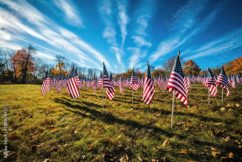 Green Field of veterans day american flags waving in the breeze. Generative ai