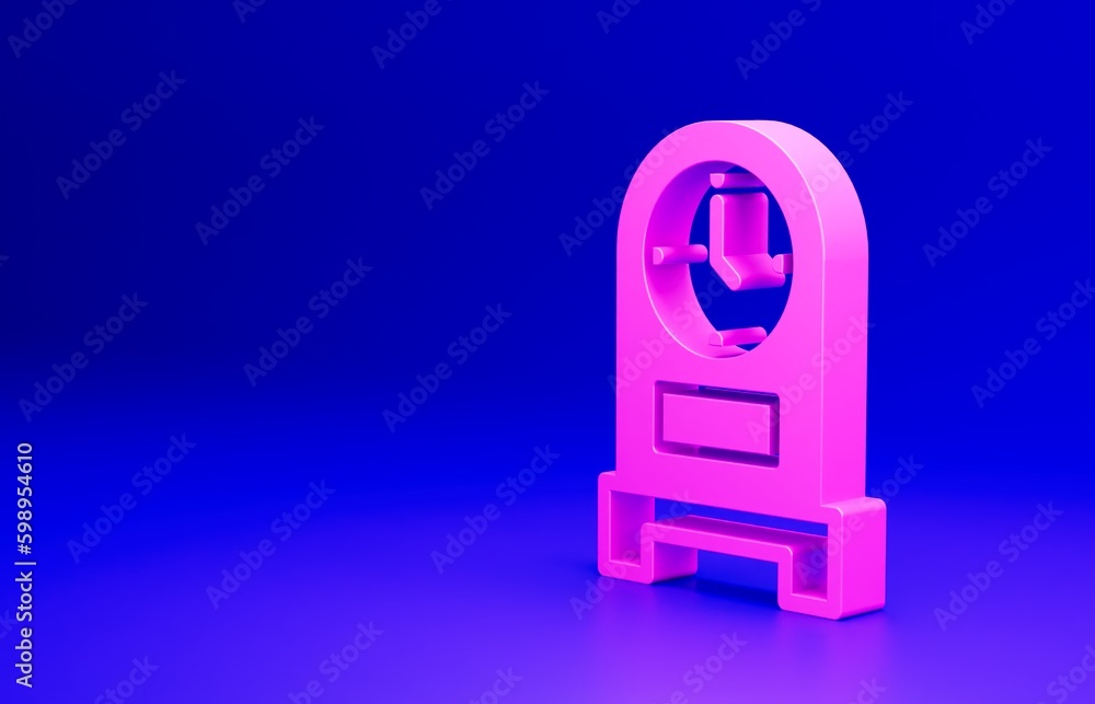 Pink Antique clock icon isolated on blue background. Minimalism concept. 3D render illustration Pink Antique clock icon isolated on blue background. Minimalism concept. 3D render illustration