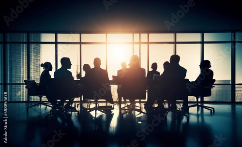 Several people at table gathered around conference table in style of silhouette lighting