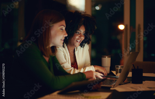 You can depend on them for their quality work and efforts. two businesswomen working together in an office at night.