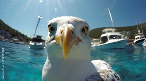 Seagull selfie summer concept. Ai generative photo