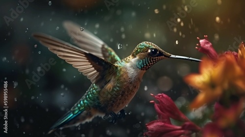 Wings of Nectar: Hummingbird Sips from a Flower. Ai generative