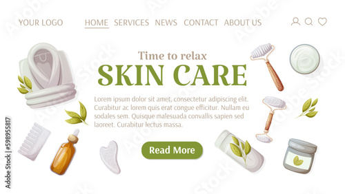 Skin care template for website. Gua sha tools, oil serum, cream, rolled towel, bathrobe. Time to relax. Health and beauty. Vector illustration. For banner, poster, advertising.