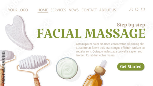 Facial massage template for website. Gua sha scraper and rollers, oil serum, cream. Love your skin. Health and beauty. Vector illustration. For banner, poster, advertising.