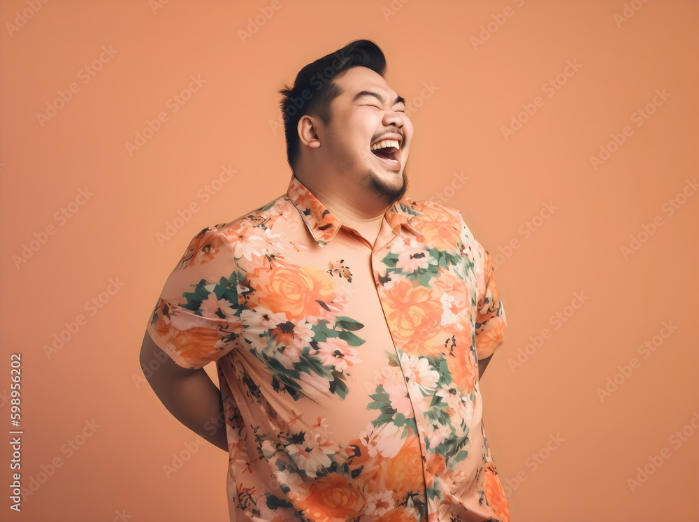 laughing man wearing floral shirt with hands behind back isolated on orange studio background, made with generative ai laughing man wearing floral shirt with hands behind back isolated on orange studio background, made with generative ai