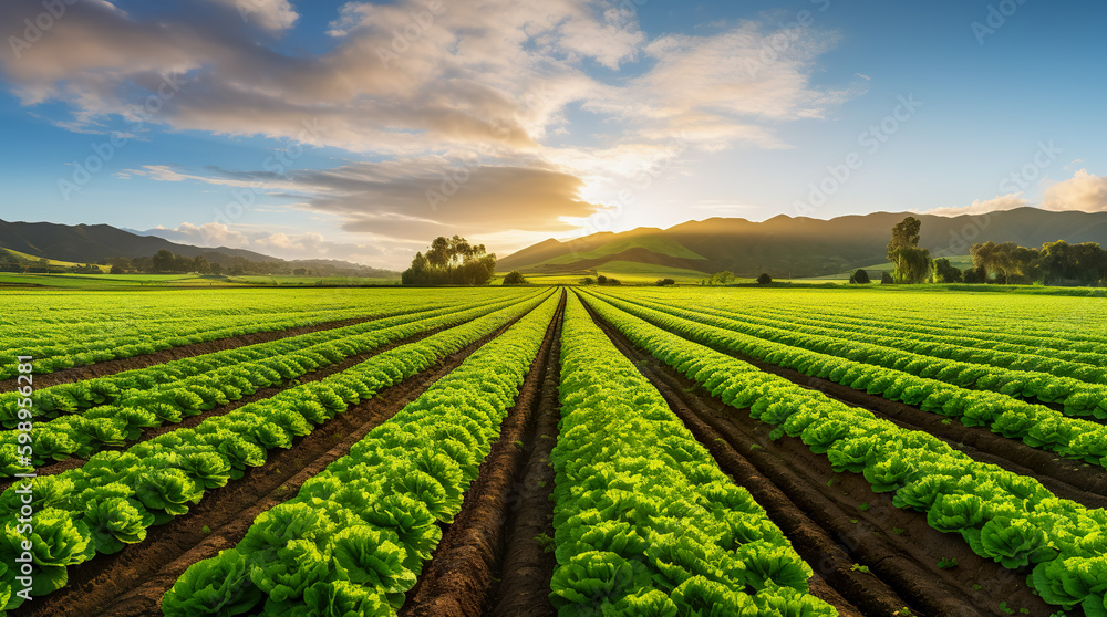 Landscape view of a freshly growing cabbage field. Generative AI