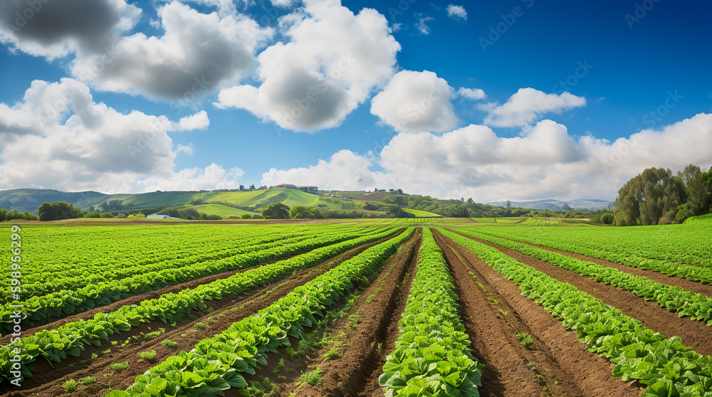 Landscape view of a freshly growing cabbage field. Generative AI