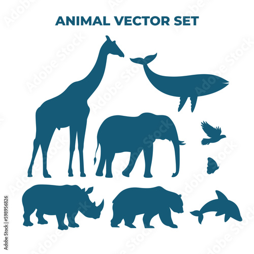 set of animals. animals silhoette vector design. giraffe elephant eagle butterfly bear whale dolphin vector design. animal silhoutte. 