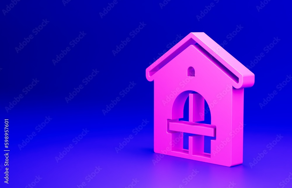 Pink Farm house icon isolated on blue background. Minimalism concept. 3D render illustration Pink Farm house icon isolated on blue background. Minimalism concept. 3D render illustration