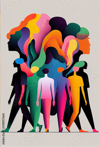coloful group of unrecognizable people. Concept of mental, emotional and behavioral divergence. Creative people out of the norm. Imaginative human silhoutte creating their own dreams. 